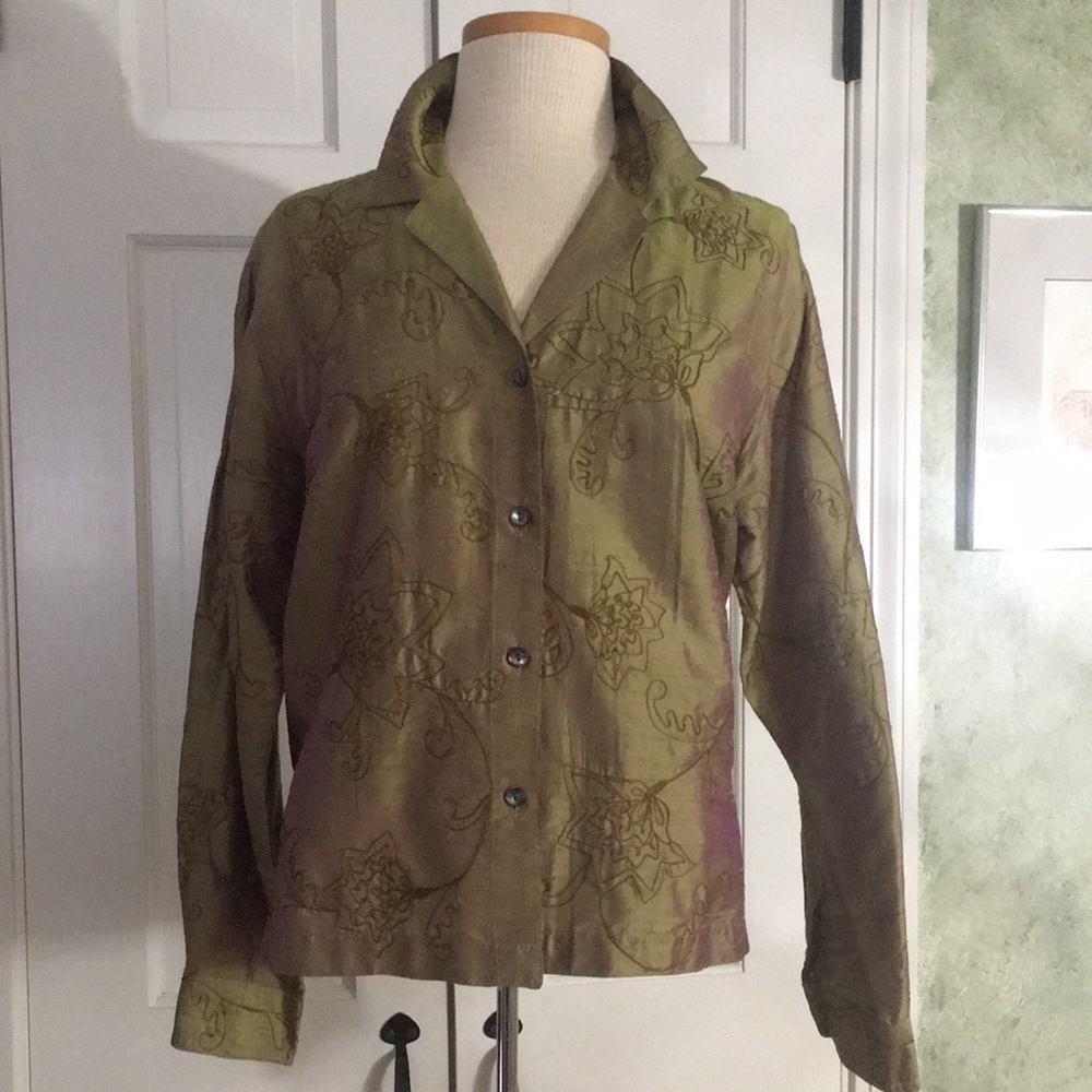 Chico’s Design iridescent organza silk embroidery shirt jacket size 1 M L